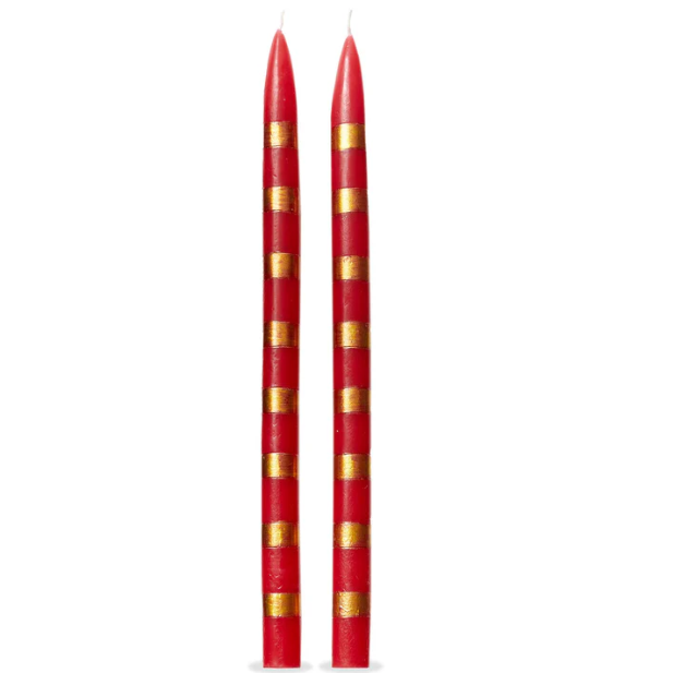 Red and Gold Stripes Taper Candle Set