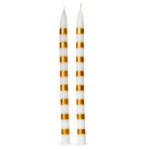 White and Gold Striped Taper Candle Set